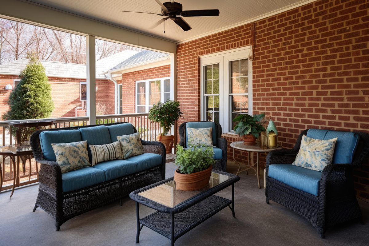 brick ranch porch featuring wicker furniture